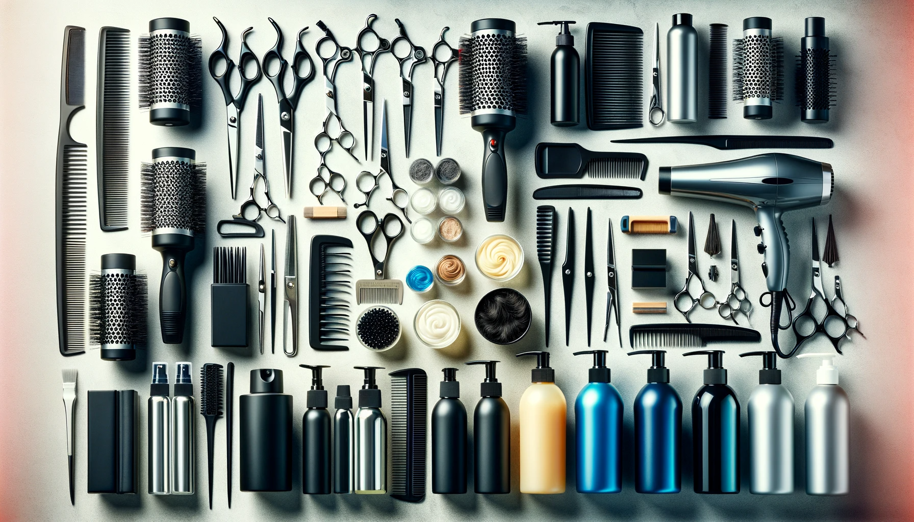 Hairdressing tools and products arranged neatly