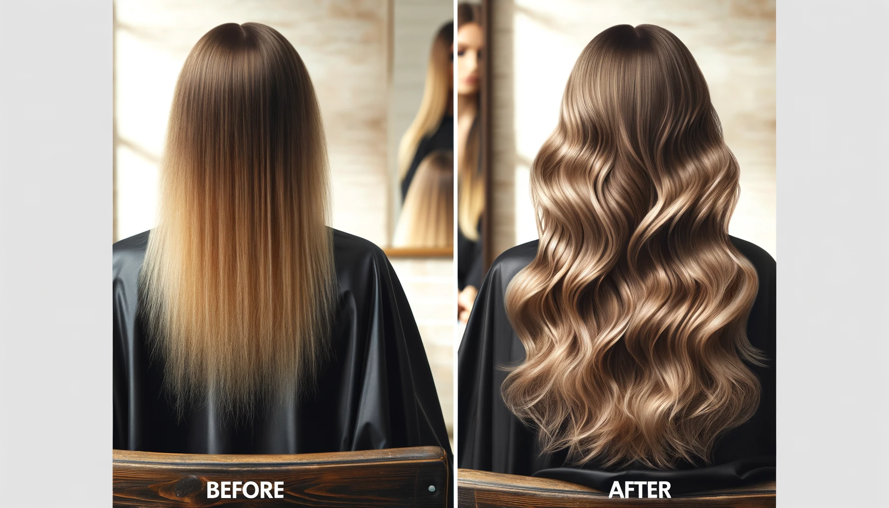 Before and after a hair transformation, showing a dramatic change